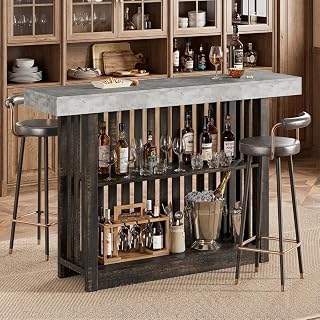 IDEALHOUSE 63" Industrial Bar Table with 2-Tier Storage & LED Lights, Counter Height Pub Table for 4-8, Gray Brown