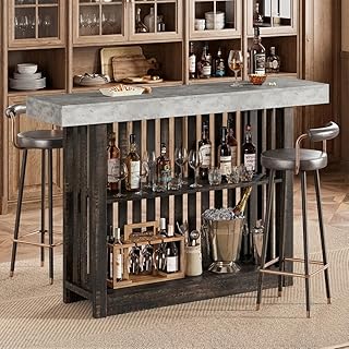 63" Long Bar Table- with 2 Tier Storage, Counter Bar Height Pub Table for 4-8 People, Modern Home Coffee Breakfast Bar Unit for Dining Room, Bistro, Living Room, Gray+Brown