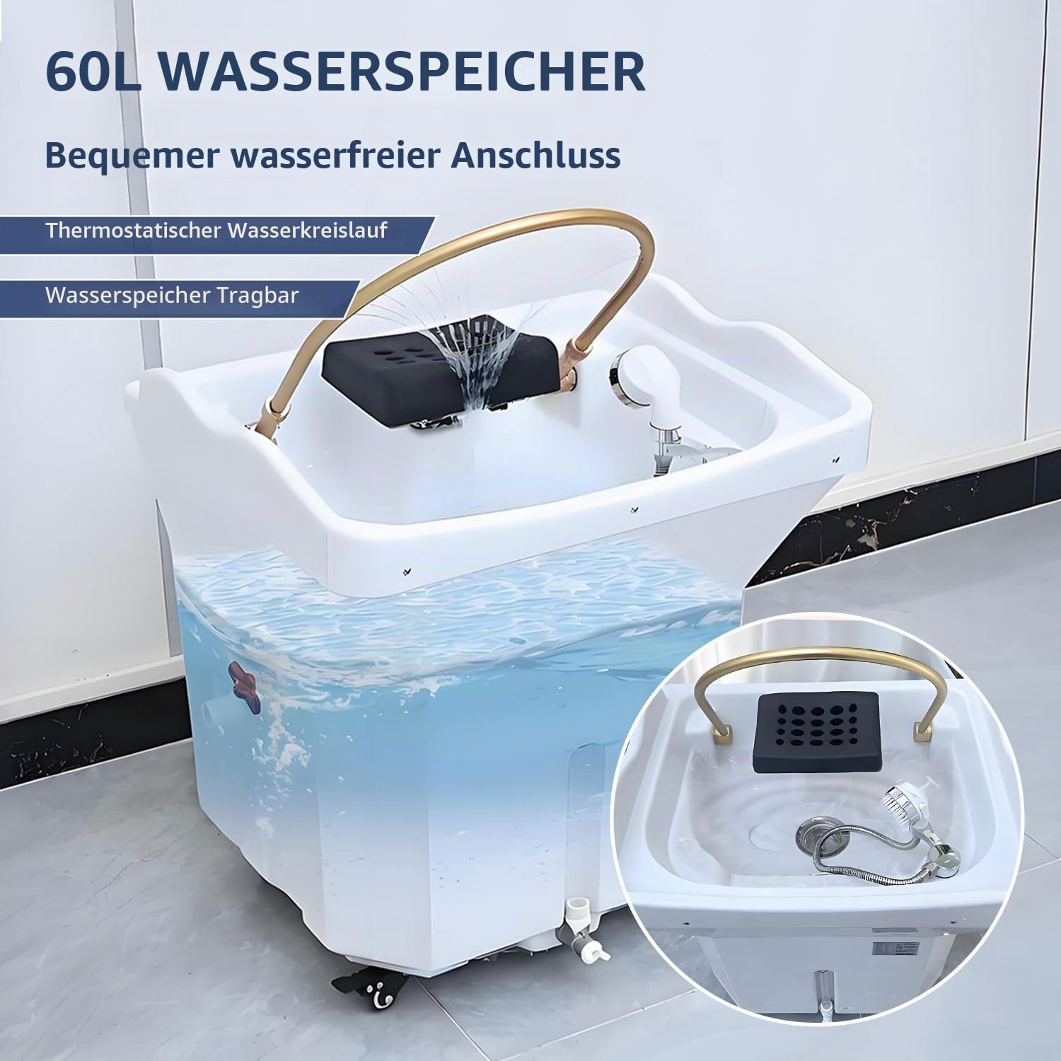 Head Spa Equipment Mobile Shampoo-Waschstation mit 60 L Wassertank, 4 Universalrollen, Massageliege, Dampfaufsatz Optiona (Black+Fumigator)