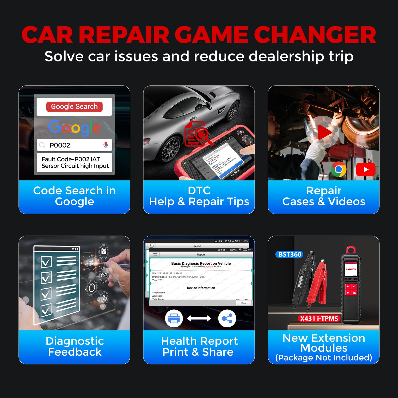 LAUNCH Skaner OBD2 CRP123E V2.0 Narzędzie diagnostyczne samochodu Silnik ABS SRS Transmisja skaner OBD z 7 resetami oleju serwisowego/EPB/SAS/BMS/przepustnica/resetowania akumulatora, narzędzie do