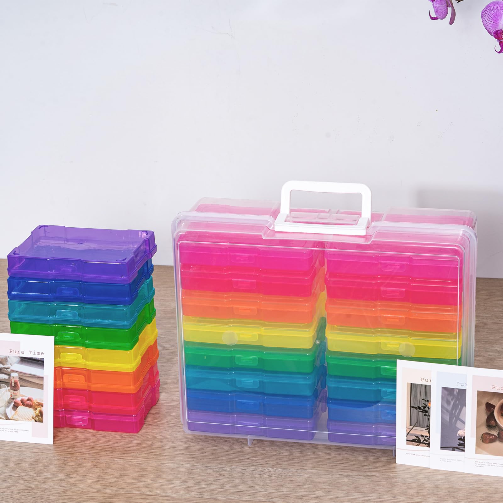 novelinks Boîtes photo transparentes 10,2 x 15,2 cm et transparent Craft Keeper avec poignée – 16 étuis intérieurs Boîte de rangement en plastique (multicolore)