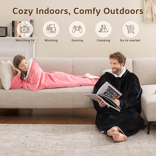 Miniatura 5 de L'AGRATY Manta con capucha gigante de gran tamaño con mangas de bolsillo para mujeres y hombres, franela sherpa, suave, cálida, acogedora, suéter,