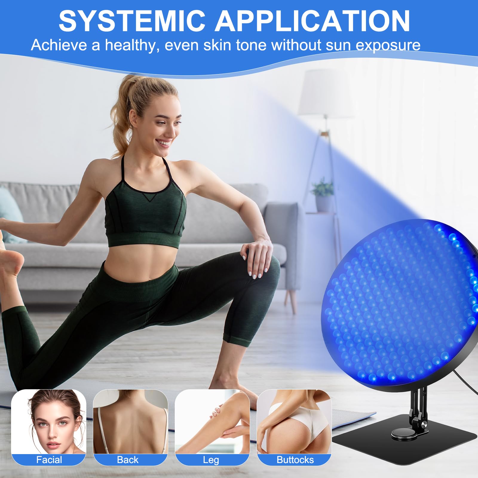 Solarium pour la maison, 460 NM, lampe de bronzage avec 250 LED, lampe de bronzage de 50 W avec lunettes solarium, support en métal réglable à 360 ° et minuterie, lampe de bronzage pour le corps et le