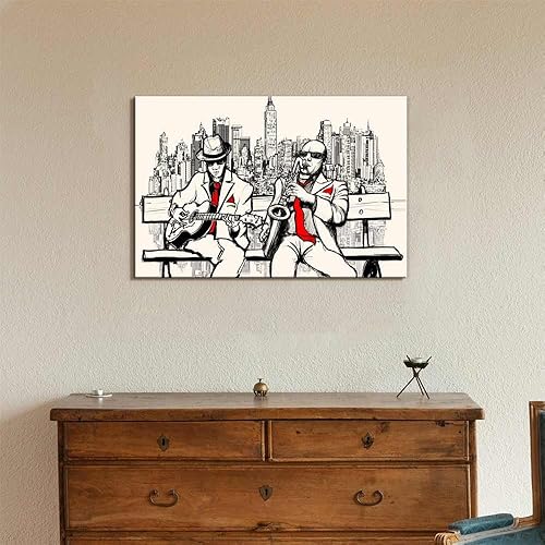 Miniatura 2 de wall26 Ilustración de dos hombres de jazz tocando en saxofón y guitarra de Nueva York - Arte de pared en lienzo - 24 x 36 pulgadas