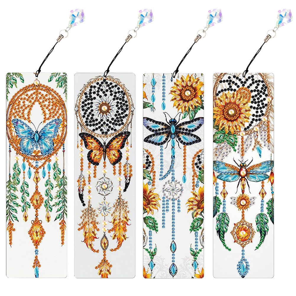 4Pcs Special Shape Dream Catcher Butterfly Diamond Bookmark Art Projects Diamond Painting Bookmark Making Kit Diamond Art Bookmark with Pendant for Adults Beginners