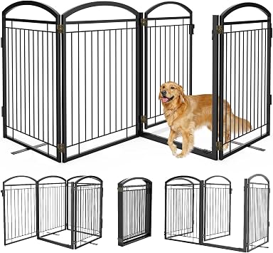 Full Metal Free Standing Dog Gate with Door for Outdoor Indoor,96 Extra Wide 36 Tall Dog Gates for Doorways,Large Openings,Decks,Porch,Freestanding Portable Pet Fence4 Panels,Black