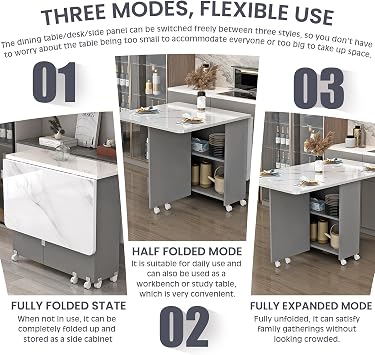 Folding Table, Home Folding Dining Table, Movable Dining Table, Rectangular Ultra-Thin Multifunctional Table with Wheels, Double-Layer Storage, Easy to Store Light + White Marble 47in