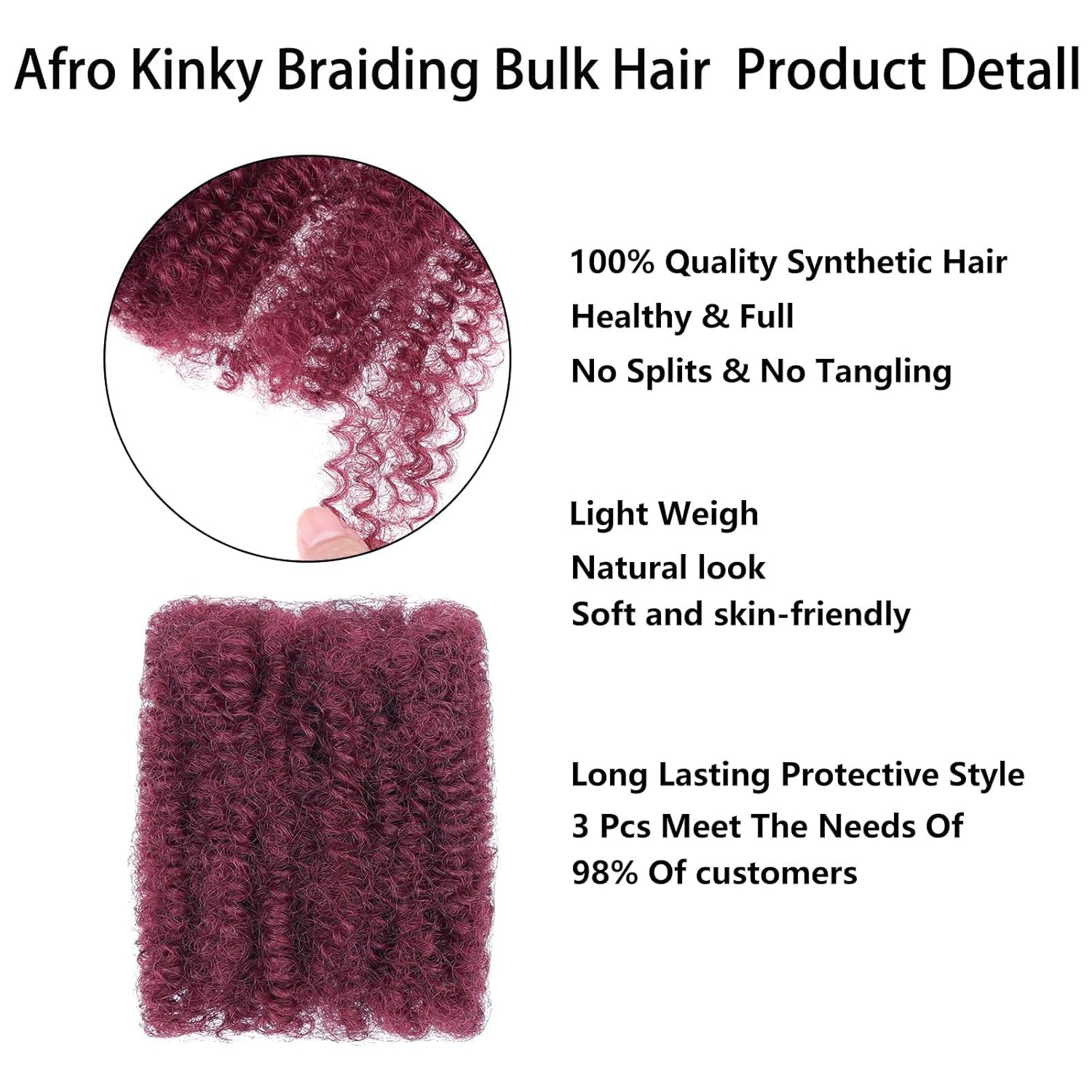 PORSMEER Afro Kinkys Curly Bulk Human Hair for Womens or Mens Dreadlocks & Loc Extensions Faux locs Braiding Twist 8 inch 30g/Pack 100% Human Hair (Burgundy) - Image 3