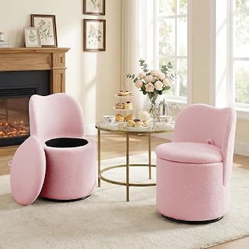 360Swivel Vanity Chair Dining Chairs with Storage,Upholstered Makeup Stool with Back, Sherpa Dining Chair, Swivel Accent Chair Barrel Armchair for Living Room Bedroom,Pink