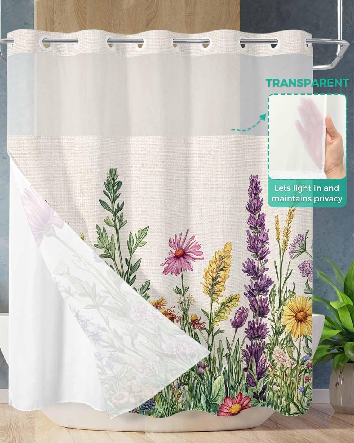 Teamery Summer Pink Purple Flower No Hook Shower Curtain, Spring Wildflowers Leaves Beige Curtain Liner Set See-Through Top Double Layers Fabric Shower Curtains for Bathroom Decor, 72" x 78"