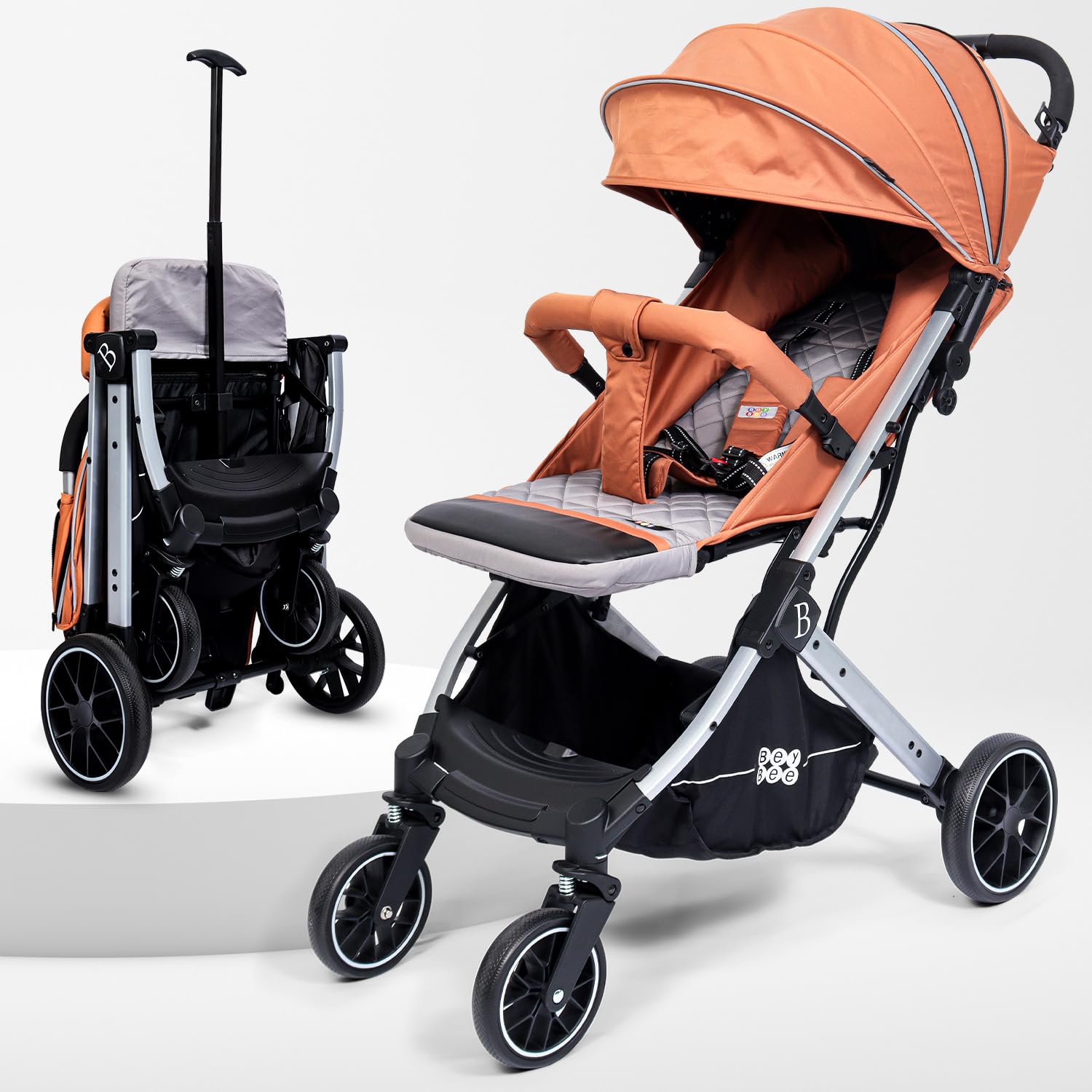 BeyBee Leatherite Stroller Pram With Quilted Seat for Newborn Baby|One Hand Fold With Premium Waterproof Fabric|Uniquely desgined Shock absorbtion Wheels| Air Cabin Buggy|Kids Age 0 to 5 Years (Peach)-image-8