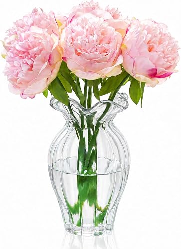 Hewory Small Flower Vase for Bouquet: 8" Modern Clear Glass Ribbed Vase | Elegant Centerpiece for Table, Glass Bottle with Fluted/Grooved/ Striped Texture, Floral Arrangement, Wavy Rim, Medium