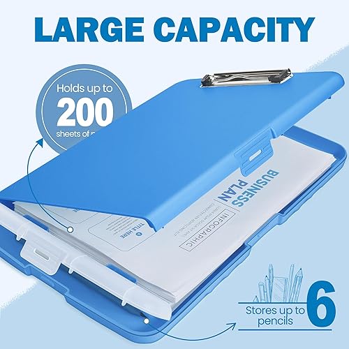 Miniatura 2 de SUNEE Portapapeles de plástico resistente con almacenamiento y soporte para bolígrafos, caja portapapeles azul cerrada para enfermera, conductor,