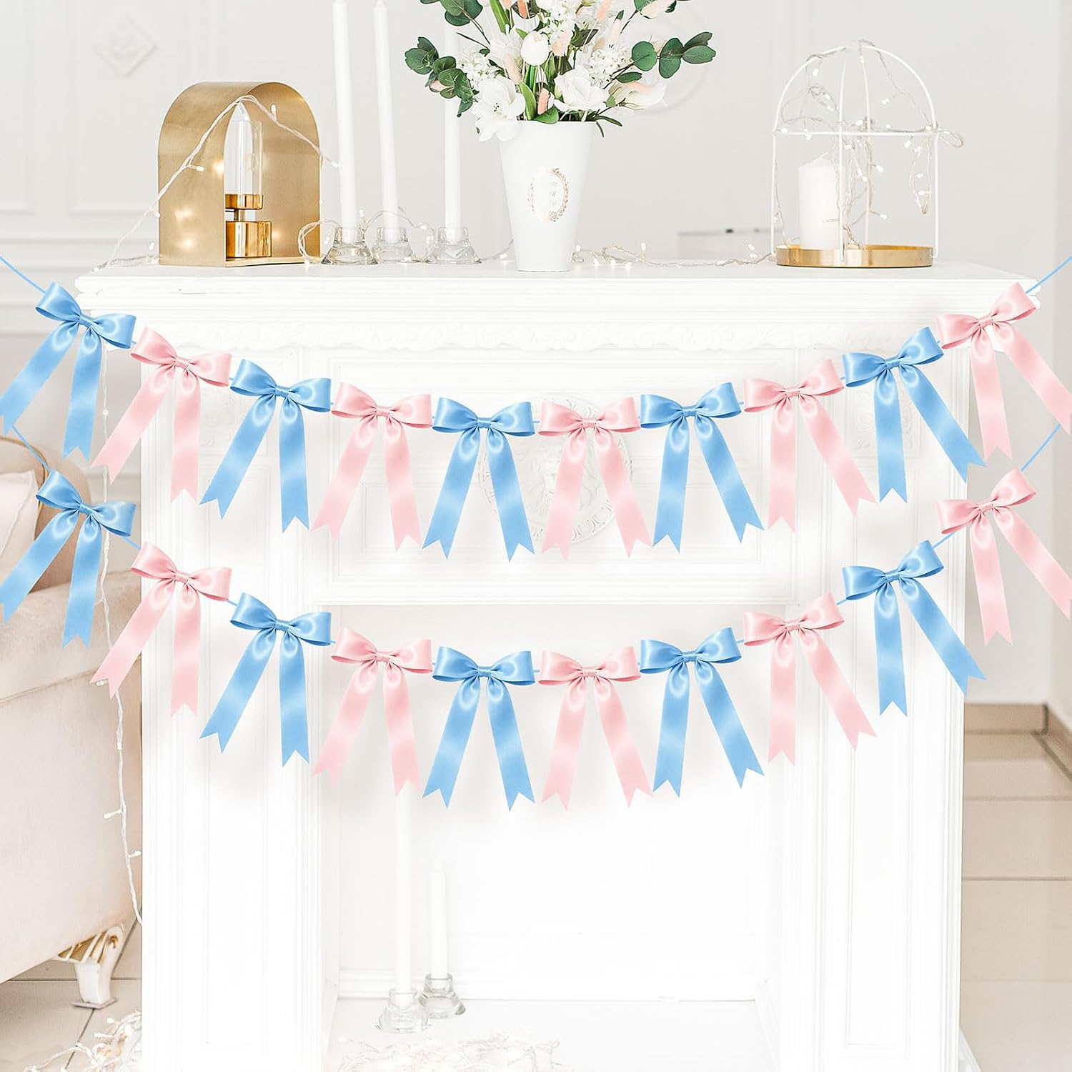 NatNarr 2 Pcs Gender Reveal Party Decor, Pink and Blue Garland Banner Satin Ribbon Party Decorations Pre-Strung Bow Decor Banner for Baby Shower Wedding Birthday Parties