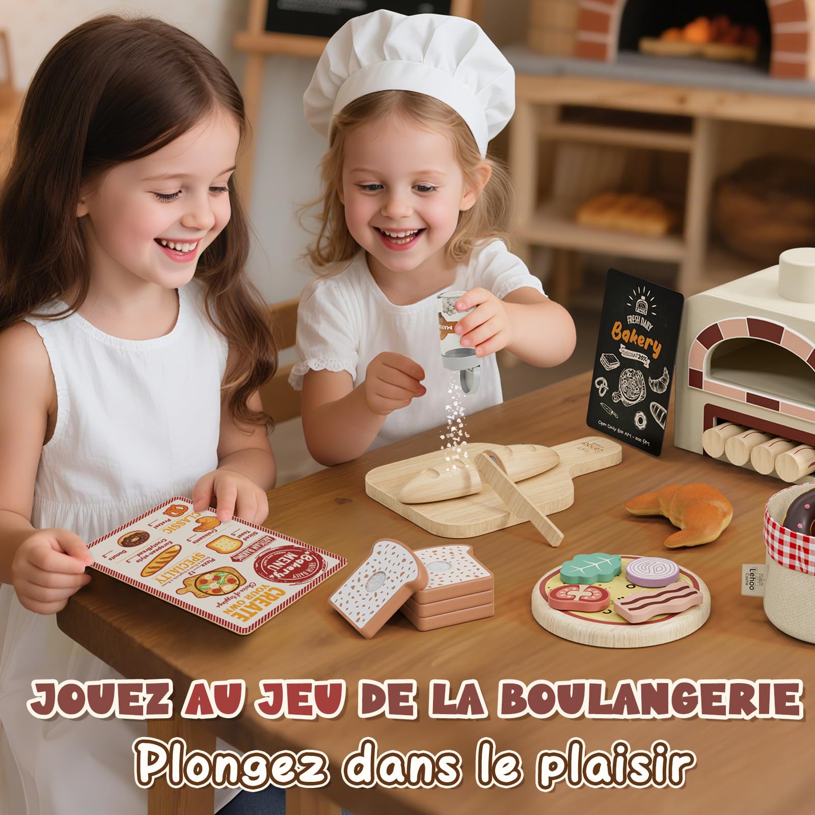 Lehoo Castle Accessoire Cuisine Enfant, Pizza Bois, Cuisine Enfant en Bois, Dinette 3 Ans, Jouet Éducatif Éveil Montessori | Ensemble de nourriture pour enfants de 3, 4, 5, 6, 7, 8 ans, cadeau pour fille et garçon