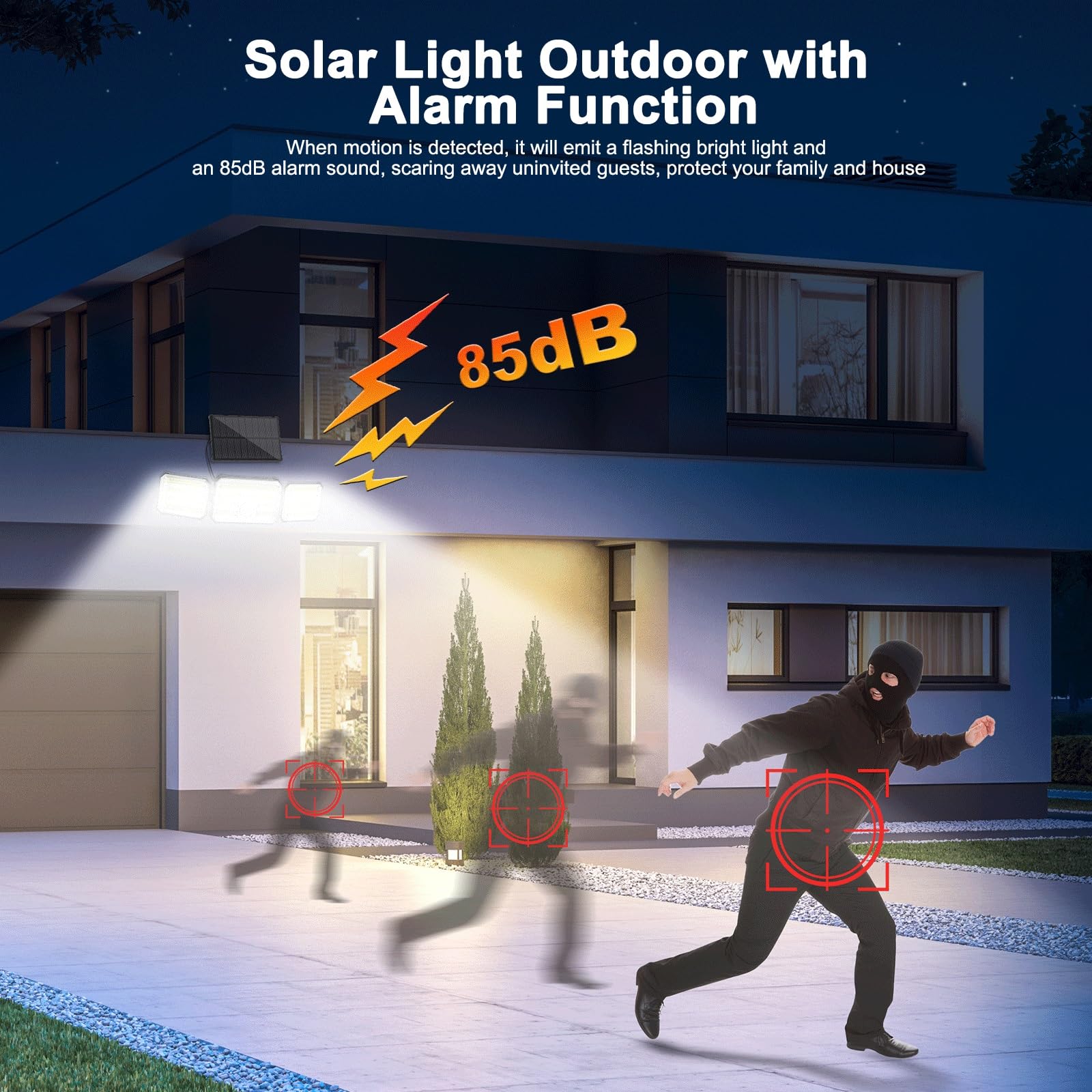 Faretto Led da Esterno Solare con Sensore di Movimento, Luce Solare Led Esterno con Funzione Allarme, 4 Modes IP67 Impermeabile Lampada Solare da Esterno con Telecomando e Pannello Solare per Giardino