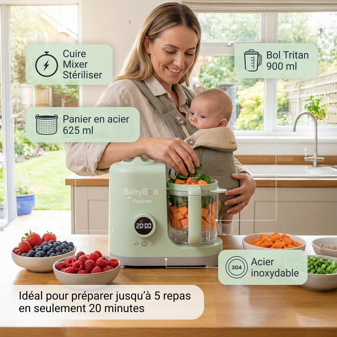 BabyBoo Robot Pappa 7-en-1 – Cuisson à la vapeur et mixage en 20 minutes, puissance 300 W, chauffe-biberon et stérilisateur, verre en Tritan, panier en acier inoxydable, écran digital