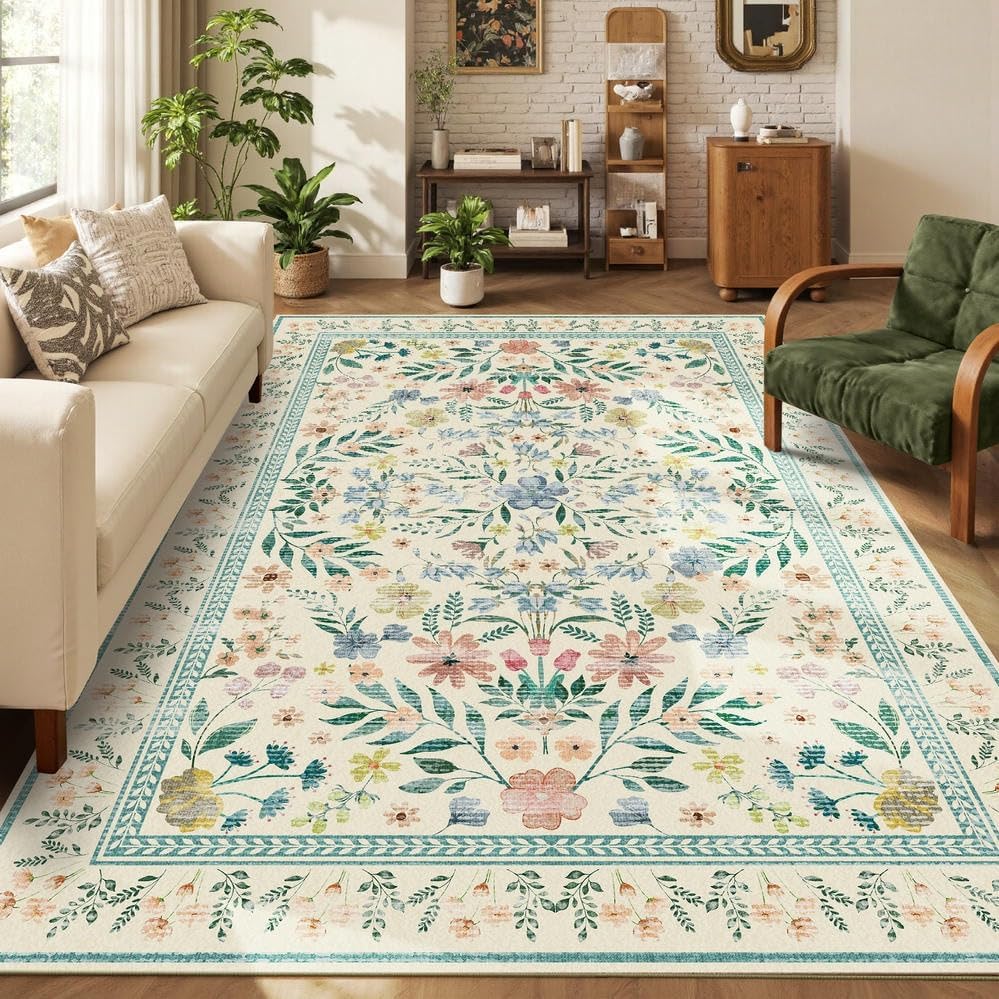 Floral Rug for Living Room Bedroom, 5x7 Washable Rug, Green Vintage Boho Area Rug, Large Non Slip Low Pile Wool Carpet for Indoor Dining Room,Girls Room,Nursery Room and Kids Room(Green 5x7ft) - Image 4