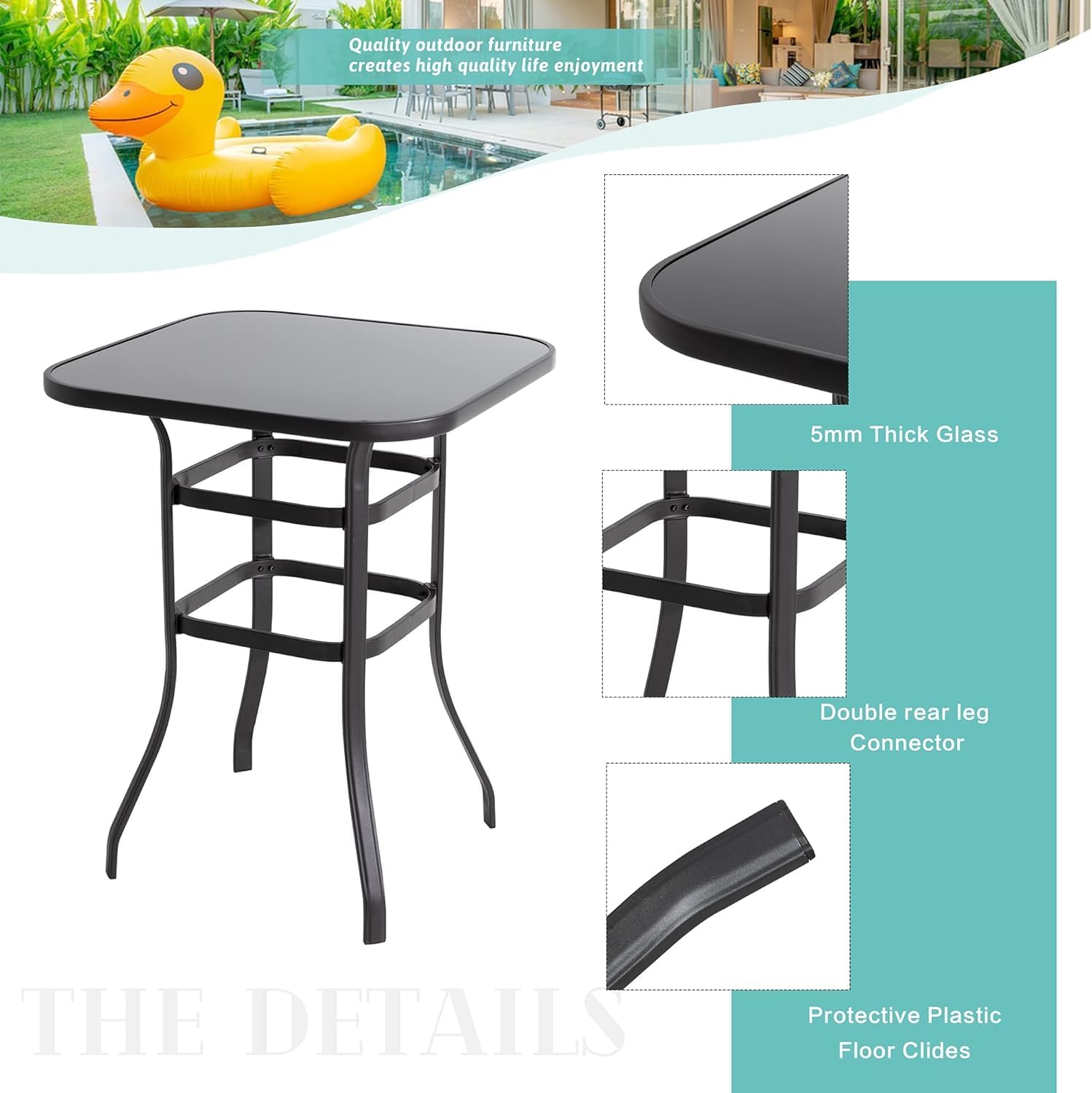 Vongrasig 3 Piece Patio Swivel Bar Set, All Weather Mental Textilene High Swivel Bar Stools Chair Set of 2 and High Glass Bar Table, Outdoor High Top Bistro Set for Lawn Garden, Balcony, Padded Blue