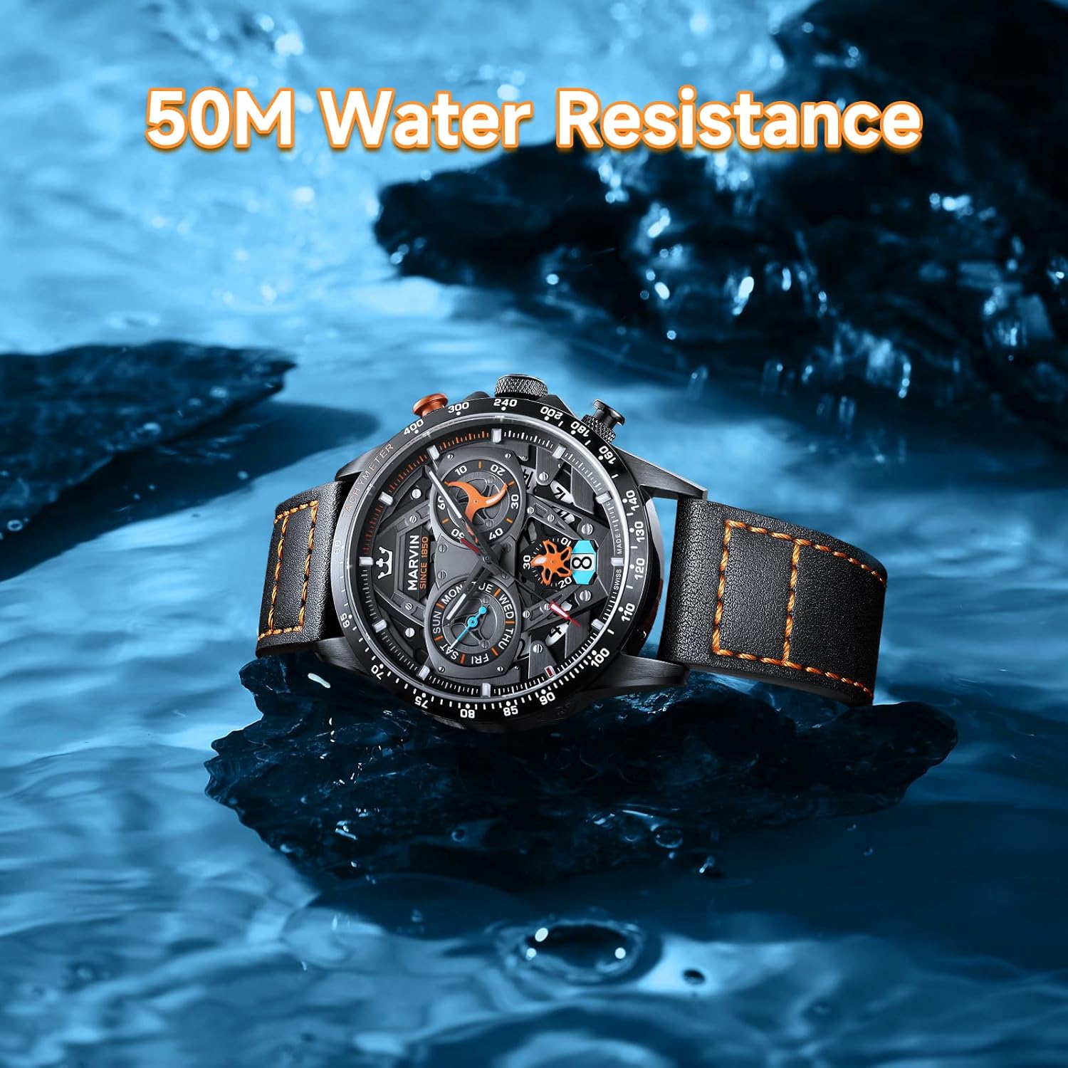 marvin Chronograph Watches for Men Swiss Mens Watch Luxury Men's Wrist Watches with Leather Strap and Weekday,Hour,Date Dial,Quartz Movement,Stainless Steel Case, Luminous,50M Waterproof