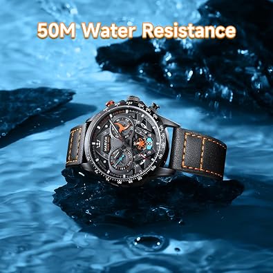 marvin Chronograph Watches for Men Swiss Mens Watch Luxury Men's Wrist Watches with Leather Strap and Weekday,Hour,Date Dial,Quartz Movement,Stainless Steel Case, Luminous,50M Waterproof