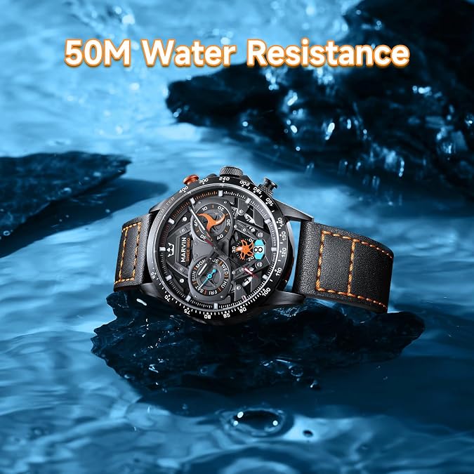 marvin Chronograph Watches for Men Swiss Mens Watch Luxury Men's Wrist Watches with Leather Strap and Weekday,Hour,Date Dial,Quartz Movement,Stainless Steel Case, Luminous,50M Waterproof