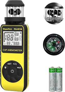 Wind Cup Anemometer 1.5-93MPH, Digital Wind Speed Meter RQ-881M | Handheld Air Flow Meter with 360 Wind Direction, Wind Temp, Compass for HVAC, Outdoor, Sailing, Shooting