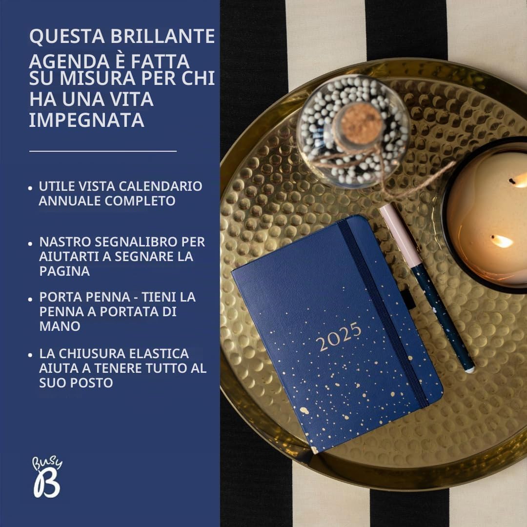 Busy B - Agenda giornaliera compatta da gennaio a dicembre 2025 - Pianificatore A6 Navy Spray con pagine allineate, note e pianificatore annuale