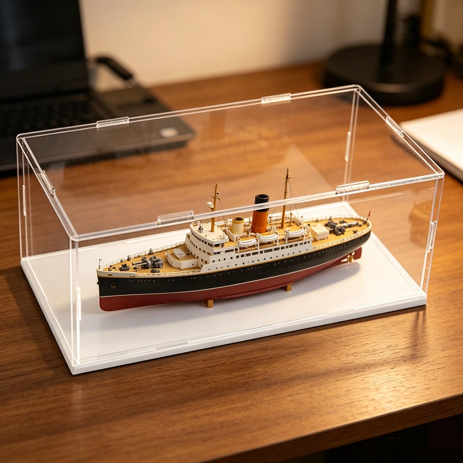 Dustproof Clear Acrylic Display Case for Model Ships, Long Large Memorabilia Storage Organizing Showcase, Rectangle Display Bins Alternative Glass Case(White Base,10x10x10cm)