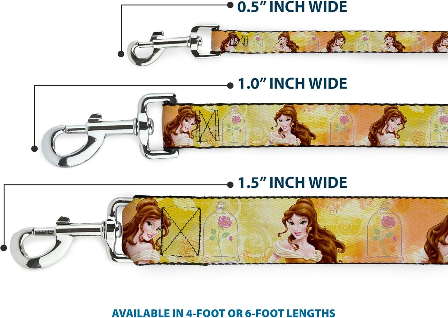 Dog Leash Belle Poses Enchanted Rose Story Script Yellow Pinks 6 Feet Long 1.0 Inch Wide