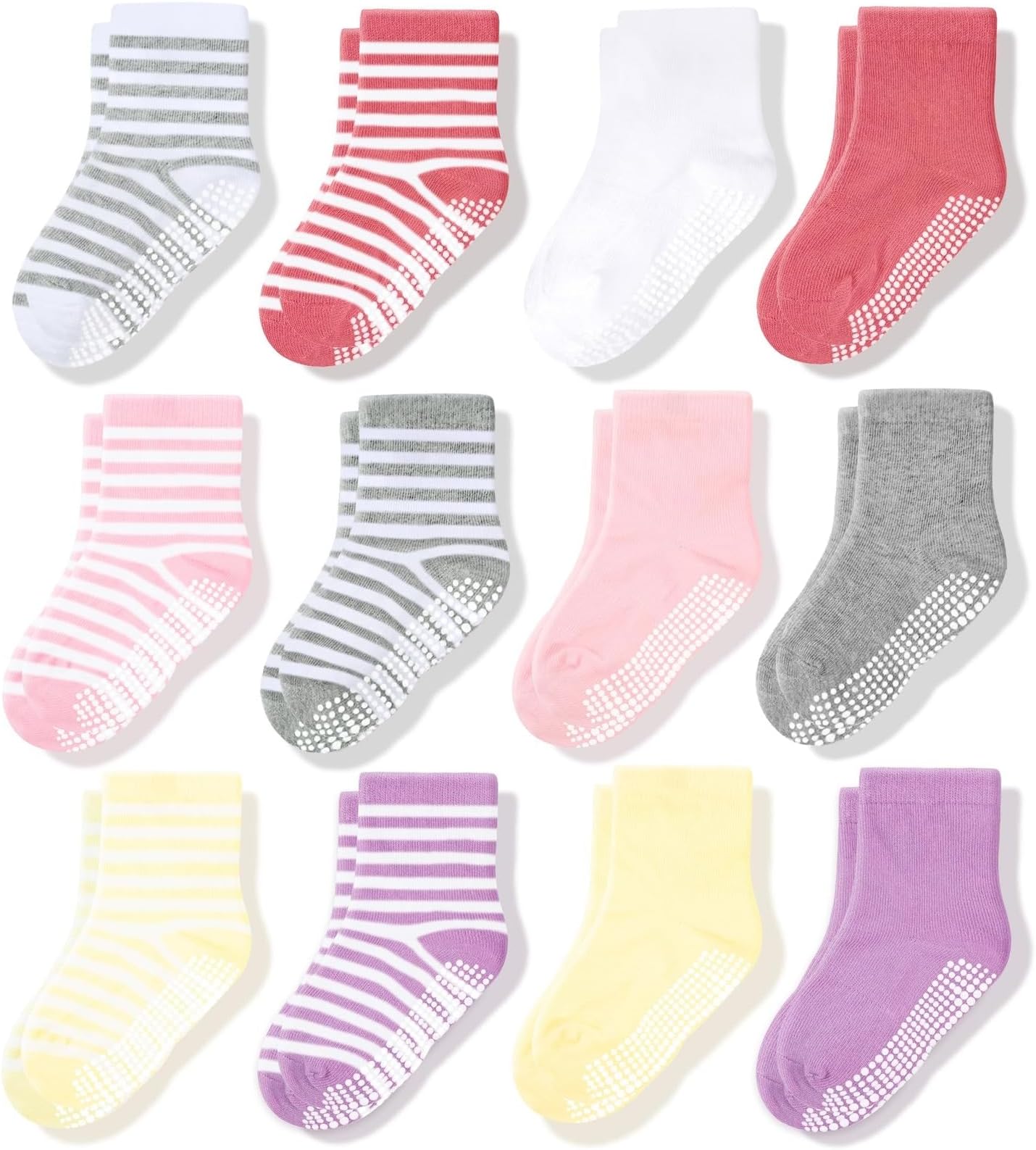 Baby & Toddler Socks With Grippers Non Slip Crew Grip Socks for Girls and Boys Soft Comfy Cotton - 12 Pack