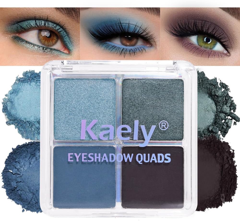 Kaely Powder Eyeshadow Quad, Blue Taupe Matte Glitter Eyeshadow Palette Makeup, Neutral Eye Shadow Palette for Women Pigmented Waterproof, Vegan & Cruelty-free, 13