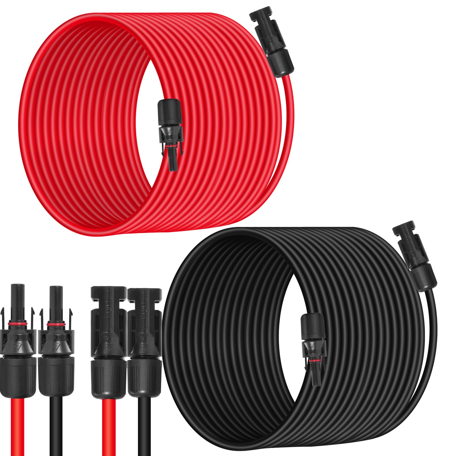 Cavo di prolunga per pannello solare da 10 AWG (6 mm²), 30,5 m, nero e rosso, resistente, resistente alle intemperie, connettori solari standard, cavo di prolunga per sistemi di energia solare, camper