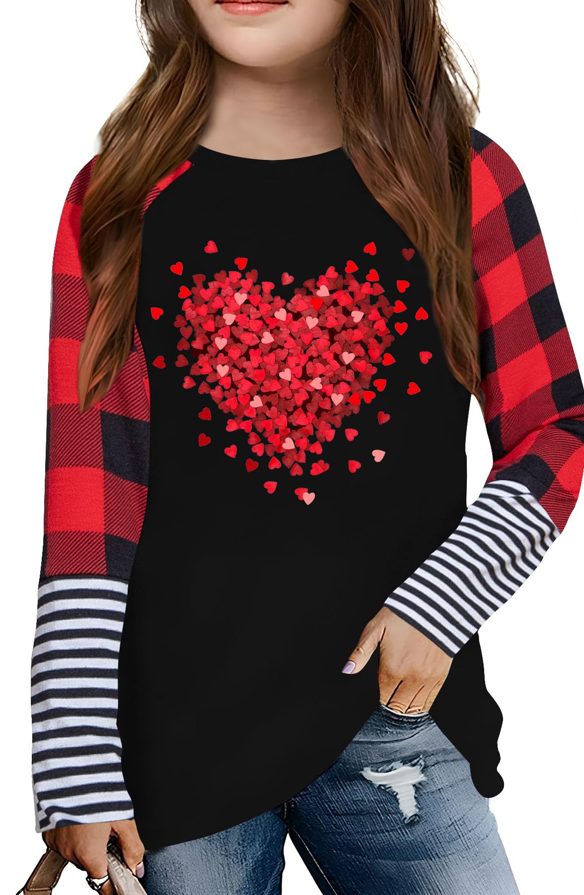 LAZYCHILD Kids Valentine Shirt Girls Valentines Day Shirts Heart Graphic Long Sleeve Striped Tee Tops 5-14 Years