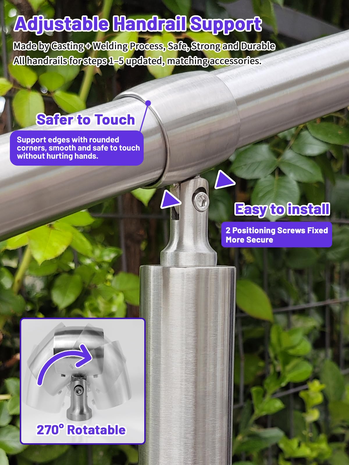 2-stufiger Handlauf für den Außenbereich, DIY 304 Edelstahl, Übergangs-Handläufe mit Installationsset, silbernes Veranda-Treppengeländer für Beton, Ziegel oder Holzstufen, 66 x 91,4 cm