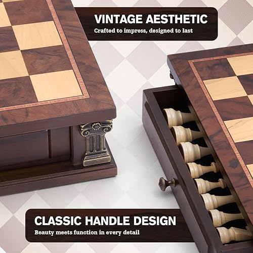 Miniatura 8 de Peradix Juego de ajedrez magnético con 2 cajones de almacenamiento integrados, juegos de mesa de estrategia de madera de 15 pulgadas, 2 reinas