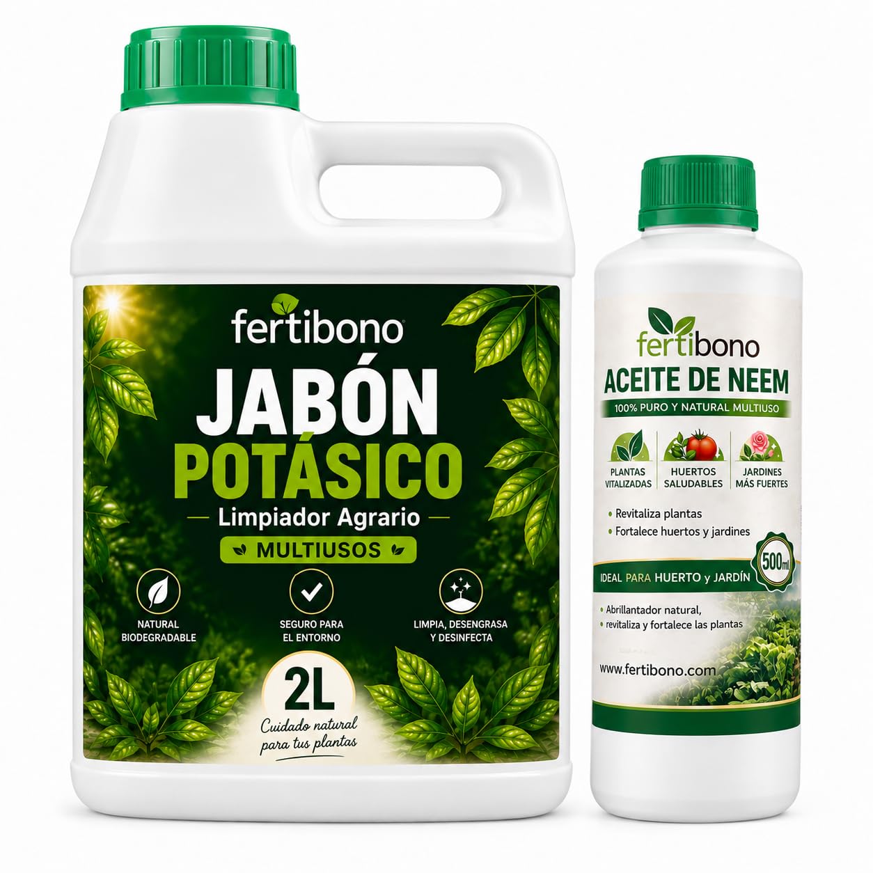 FERTIBONO FLORANIM Multiuso - Jabón Potásico 2L + Aceite de Neem 500 ml para Plantas, Huerto y Jardín - Pack Concentrado para Diluir en Agua y Pulverizar