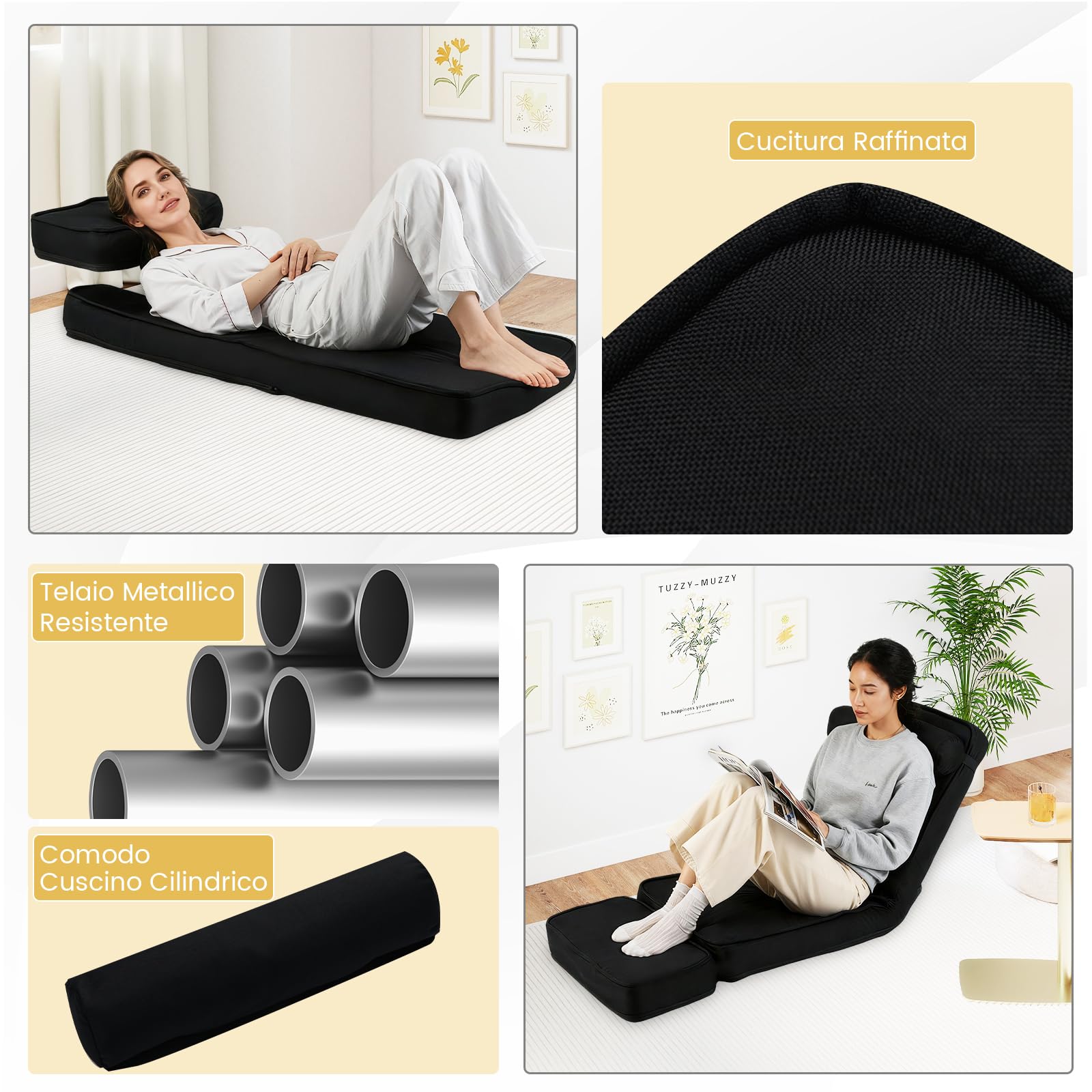 COSTWAY Sedia da Terra Pieghevole, Poltrona Relax Imbottita con Schienale e Poggiapiedi Regolabili, Sedia da Pavimento con Tavolino e Cuscino, per Soggiorno e Camera da Letto