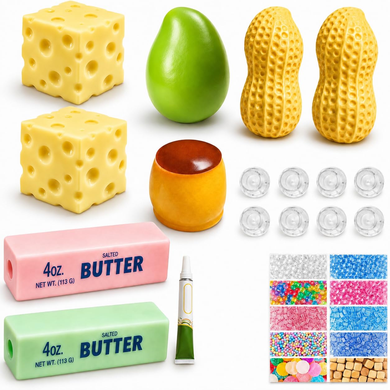8PCS Squishy Making Kit, DIY Squishy Maker Kit with Cheese Butter Mango Peanut Squishies Skins, Make Your Own Squishy ASMR Stress Ball Making Kit with Plugs, Air Pump and Expander Tool (8pcs-a) — image 1