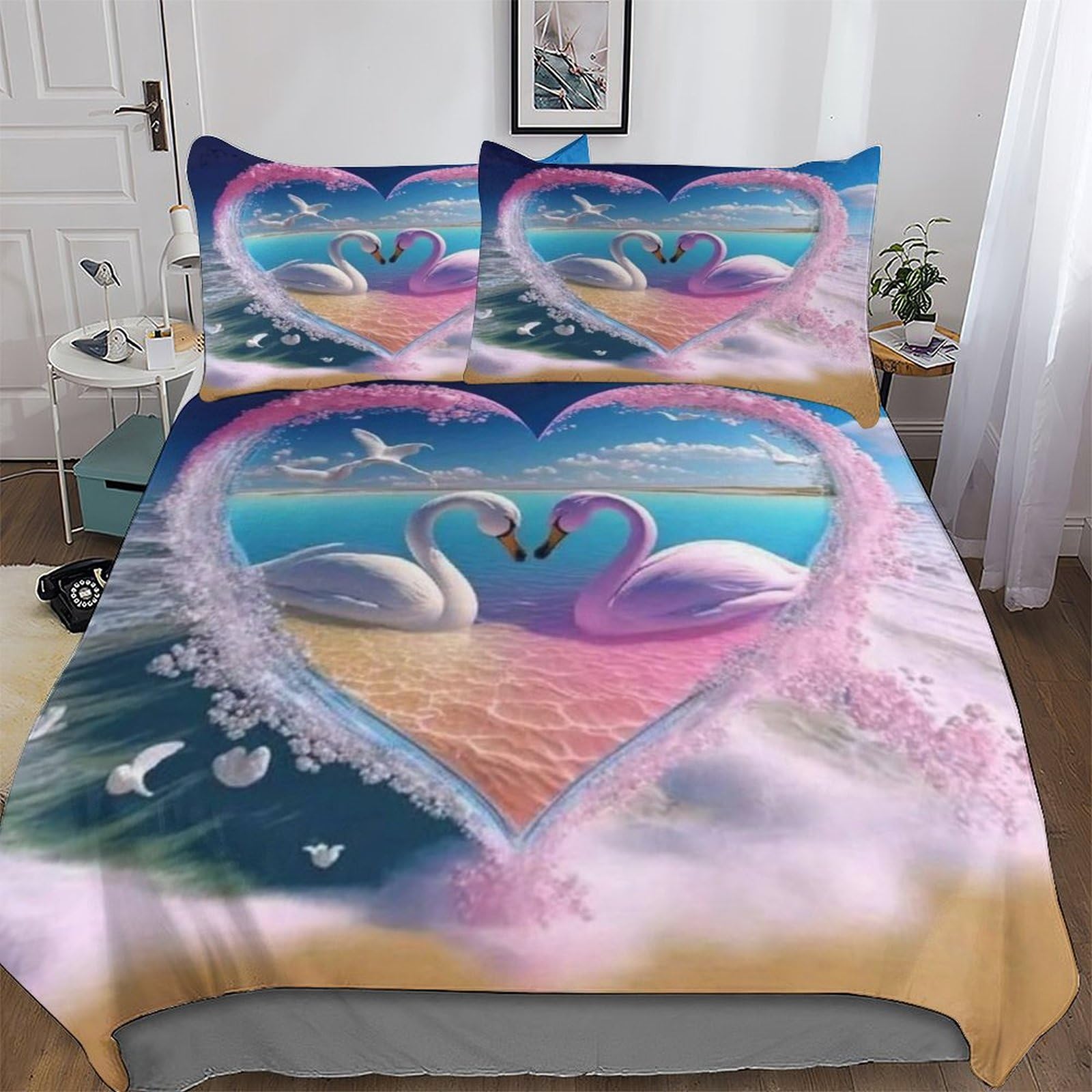 Housse de couette cygne 220x240cm avec ses deux taies d'oreiller pour lit king
