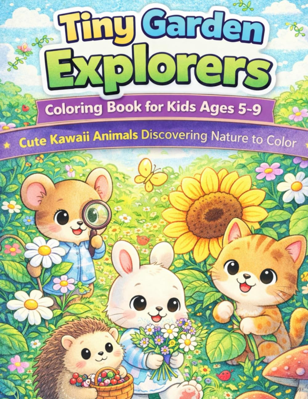 Tiny Garden Explorers Coloring Book for Kids 5-9 Ages: Cute Kawaii Animals Discovering Nature to Color