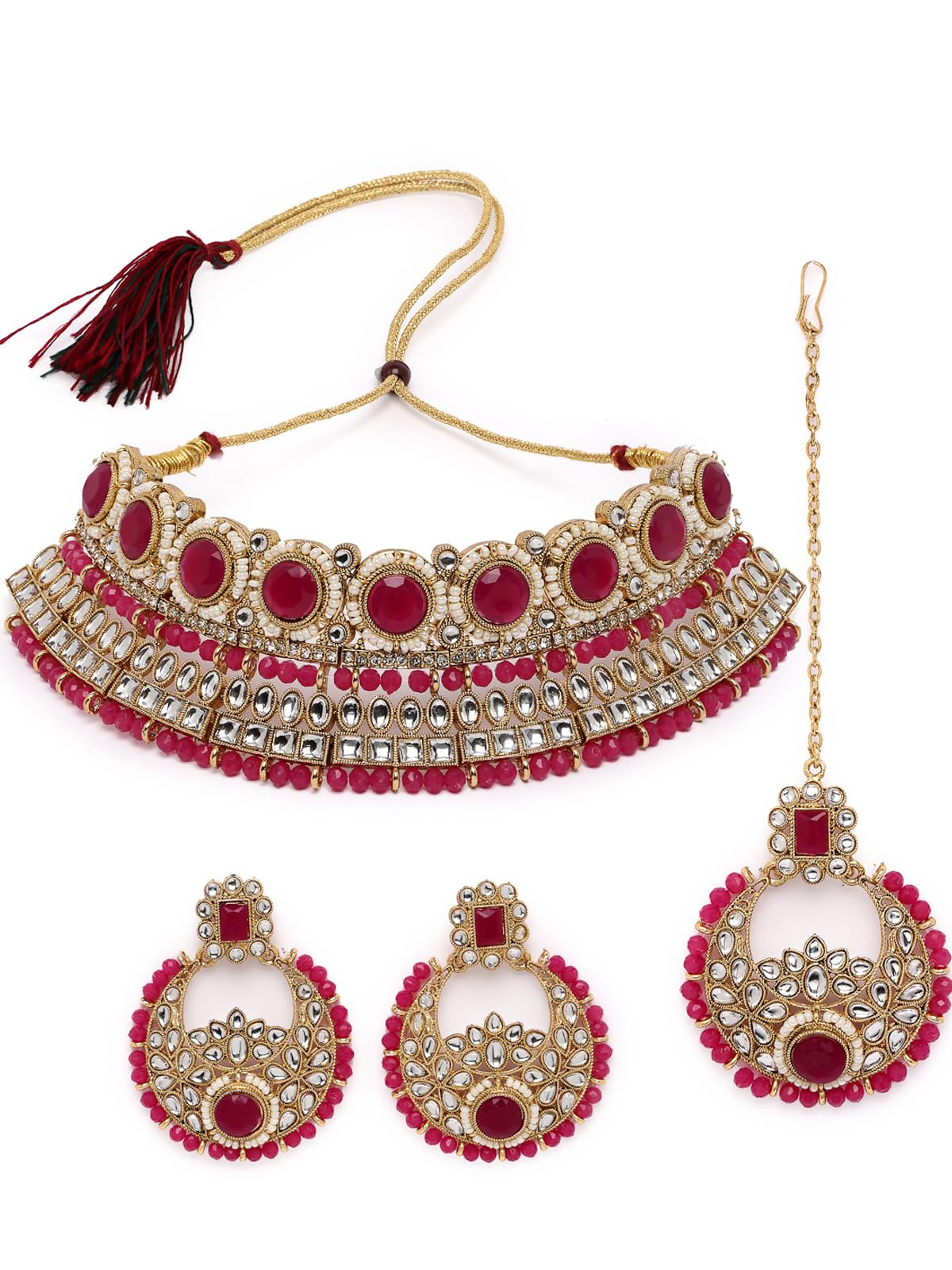 sukkhi Fashion-Forward Gold Plated Green Kundan & Beads Studded Choker Necklace Set For Women-picture-32