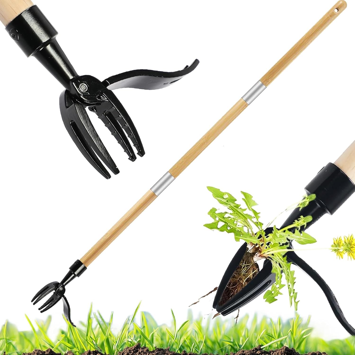RUTIDA Weed Puller, 113CM Long Handle Weed Remover Tool with Bamboo Handle, Dandelion Weeder Tool Stand Up Garden Lawn Weed Puller Root Remover for Patio, Lawn, Garden, Path