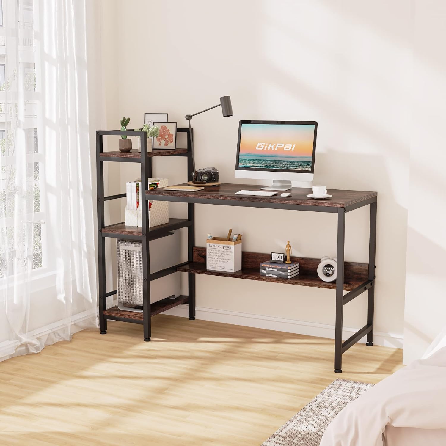 GIKPAL Computer Desk with Shelves | Compact Wood Metal Writing Study Desk Table with Storage Bookshelf for Home Office (Rustic Brown)