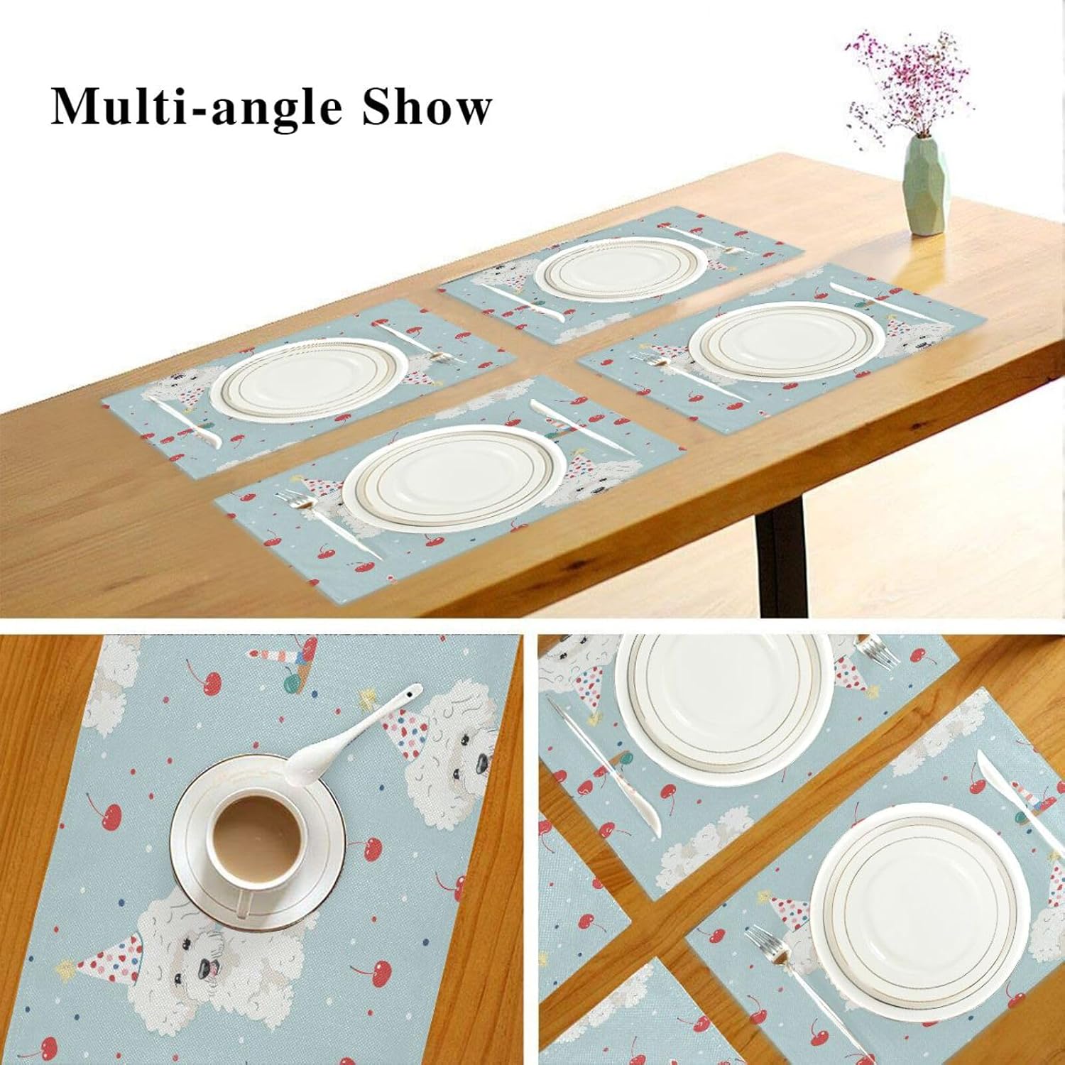 Custom Blue Birthday Dog Cartoon Cloth placemats for Dining Table Toddlers Quilted Reversible placemats Sets of 6 12 x 18 tapetes para la mesa de comedor