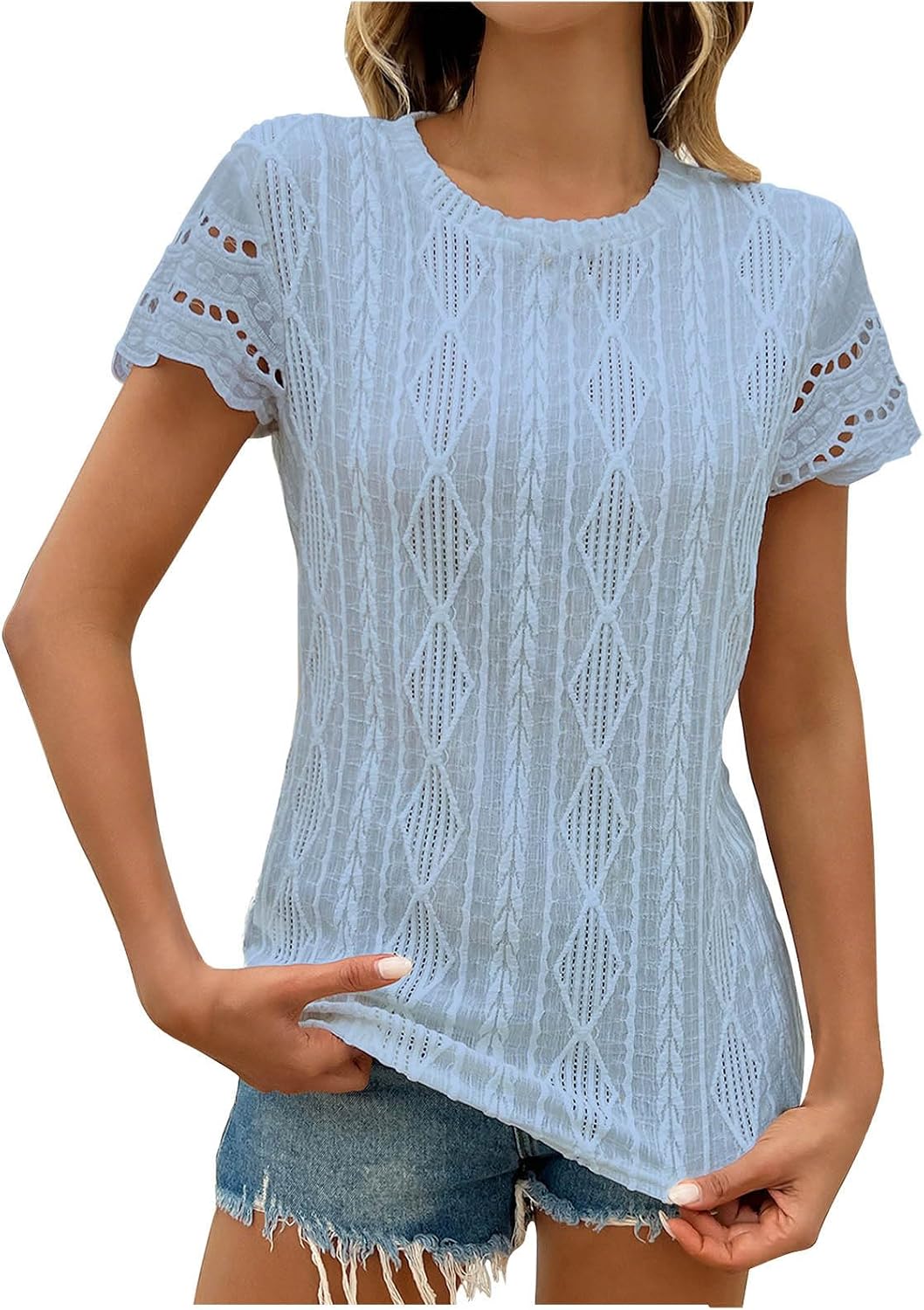 Tops for Women Eyelet Embroidery Short Sleeve Shirts Summer Crew Neck Knit T-Shirts Blouses Work Dressy Casual Tees