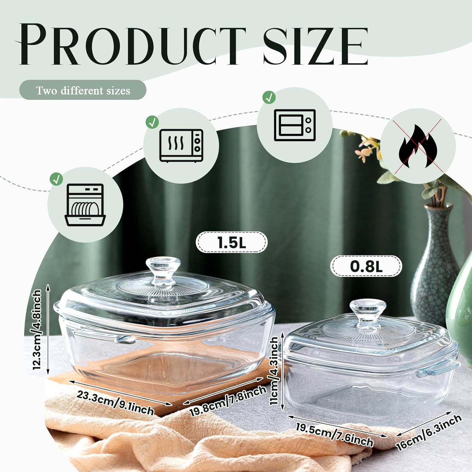 Maxcheck 2 Pieces Glass Casserole Dish with Lid 0.8L/ 1.5L Baking Casserole Dish Covered Cookware Microwave Bowls with Handle for Kitchen Restaurant Home Party Cooking, Oven Safe (Square)