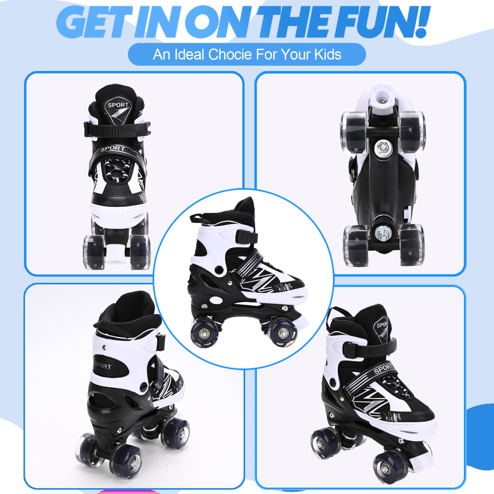 Rollschuhe für Kinder Jungen Mädchen Anfänger, Einstellbar 4 Größen für Kinder und Jugendliche Teenager, Quad Violett und Weiß Rollschuhe für Sport