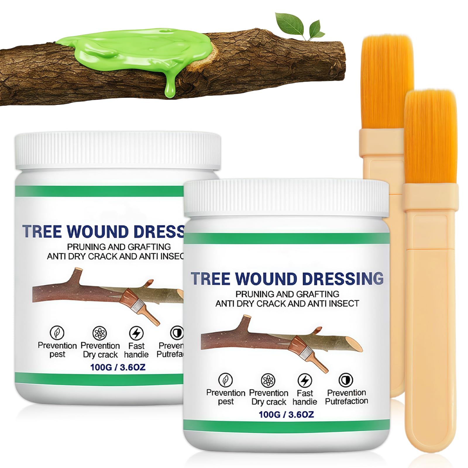Flintronic 2 Pack 100g Tree Wound Sealer with Brush, Professional Pruning Sealant & Grafting Wax for Bonsai, Shrubs & Trees, Fast Healing & Anti-Crack Formula