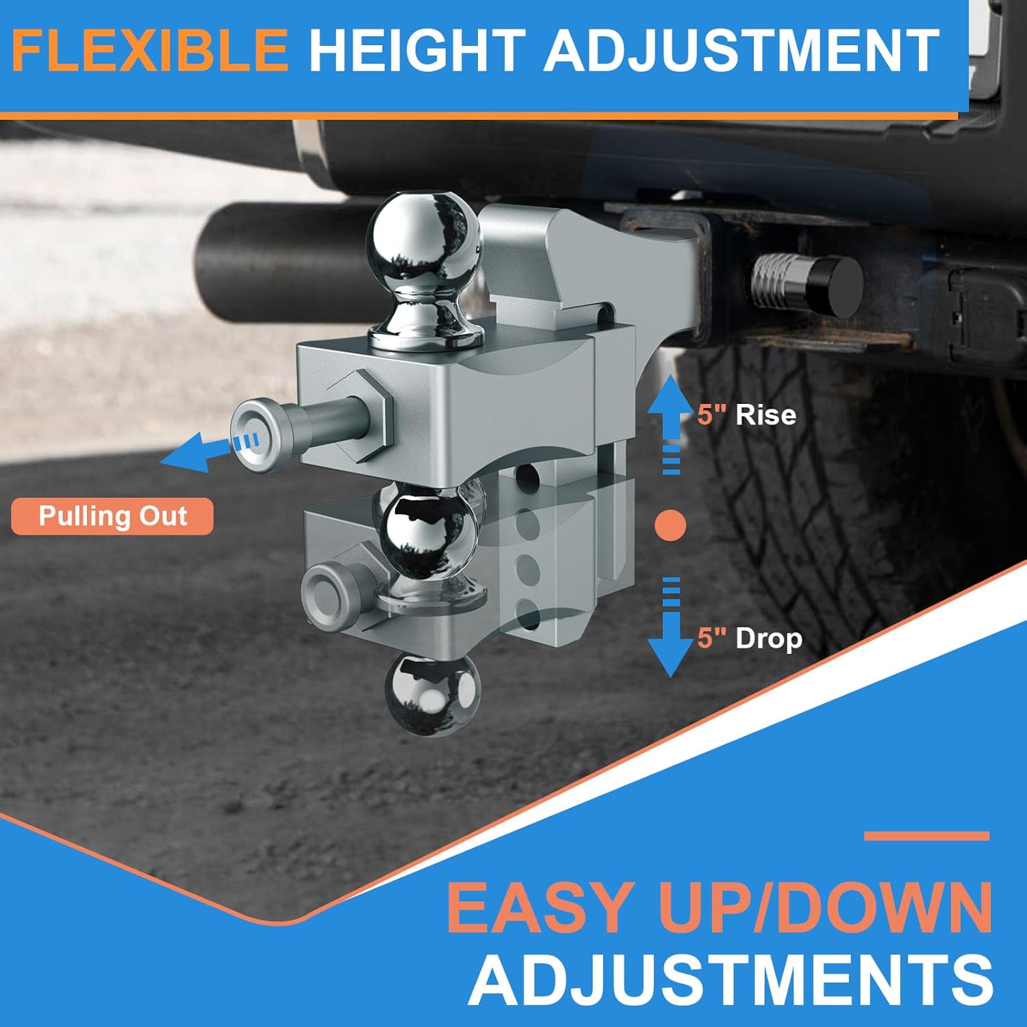Adjustable Trailer Hitch, Drop Hitch Fits 2 Inch Receiver, GTW 21,500 LBS Aluminum Tow Hitches Dual Ball (2" x 2-5/16"), Heavy Duty Truck Hitch Ball Mount (5 Inch Drop Hitch)